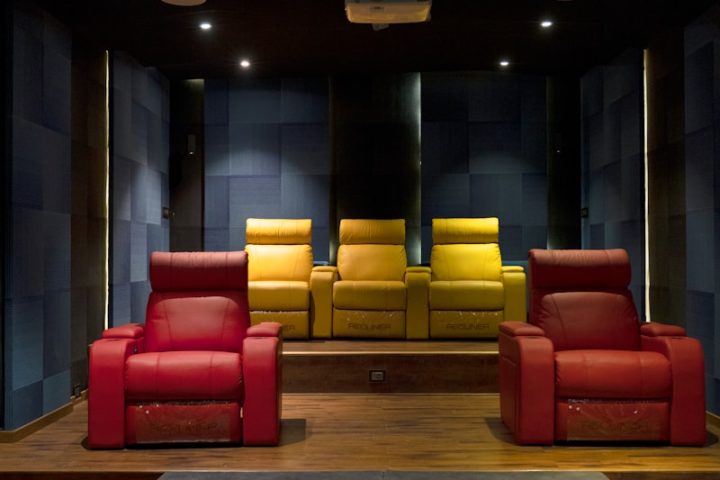 A luxurious home theater room with comfortable seating.